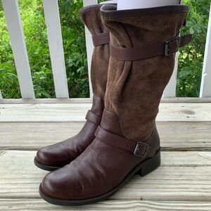 CAMPER Leather Slouch Moto Mid Calf Boots Pull-On Buckle Brown Womens EU 36 US 6